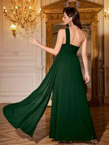 Volly Toych 单肩雪纺伴娘礼服，垂坠式长款优雅无袖礼服，适合约会、节日、舞会、派对和度假等场合。 - 墨綠色 - 查看 2