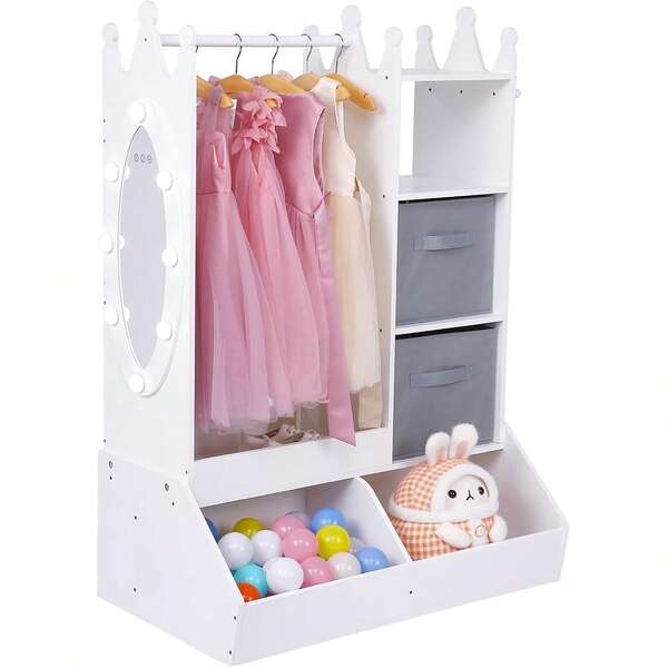 Dragonpad Rangement de déguisement pour enfants avec miroir et tiroir, armoire/commode blanche/rose avec miroir, organisateur de costumes avec étagères et coffret à bijoux - Commodes idéales pour chambre d'enfant, cadeau pour les filles