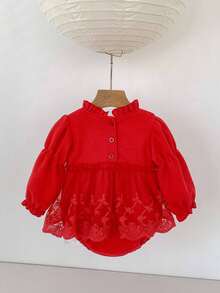 Infant Girls' Waffle Ruffle Trim Long Sleeve Dress, Spring/Autumn - Red - View 3