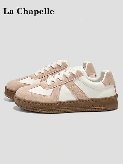 1双 La Chapelle 女士厚底系带软底休闲鞋，低帮户外平底鞋，圆头低跟纯色优雅软底徒步鞋，适合学生拍摄毕业照，女士低帮皮质运动鞋