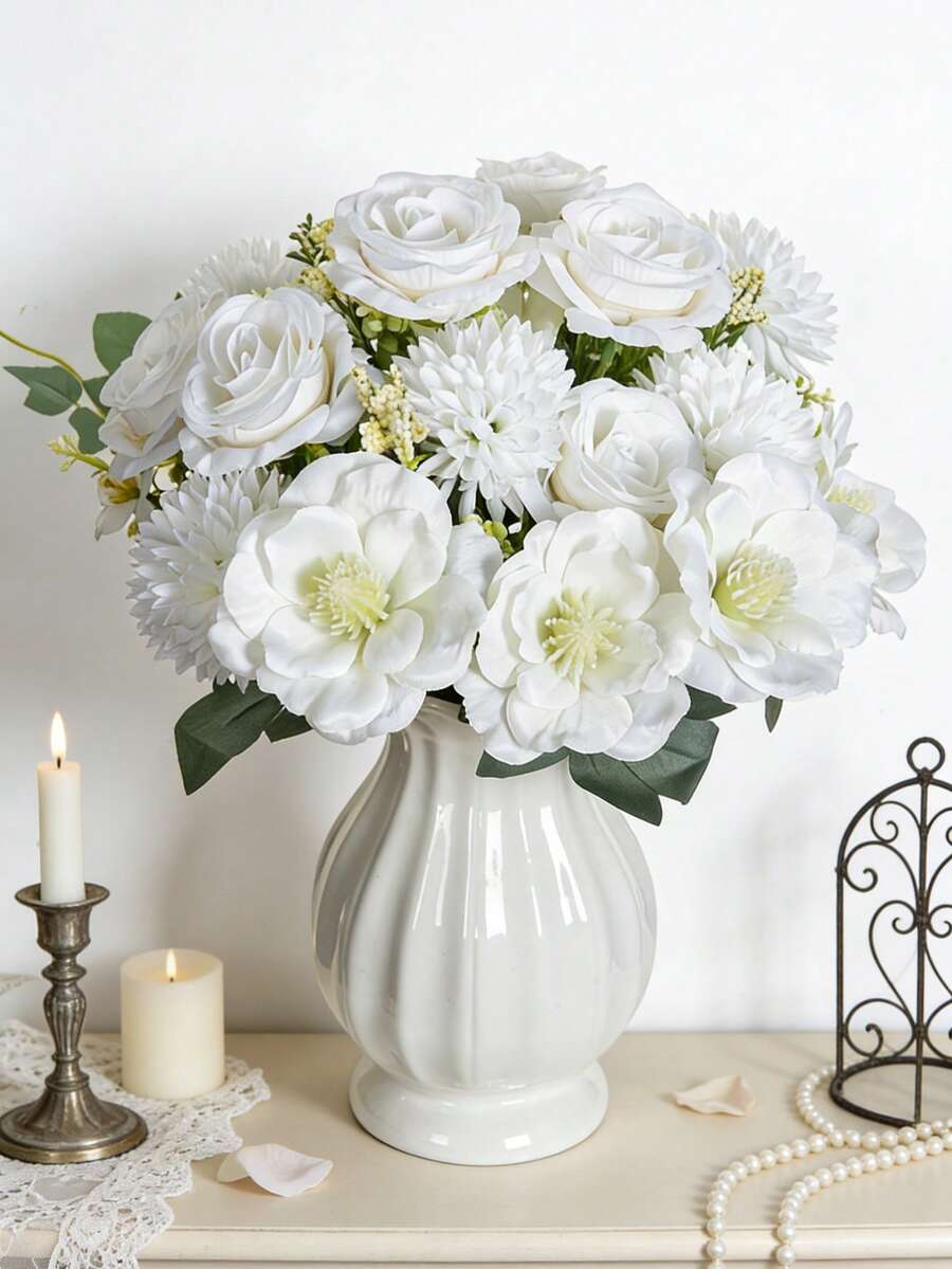 1pc 14.56 Inch Artificial Rose, Chrysanthemum, Valentine's Day Gift, DIY Wedding Fake Flower, Brunch Bouquet, Party, Living Room, Kitchen, Garden, Hotel, Office, Ramadan Decor, Valentine's Day Gift, DIY Wreath, Gift, Dining Table Decor, Birthday Decor, Indoor Outdoor Decoration, Fake Flower Vase Decor, Farmhouse Home Decor, Boho Wedding - White - View 1