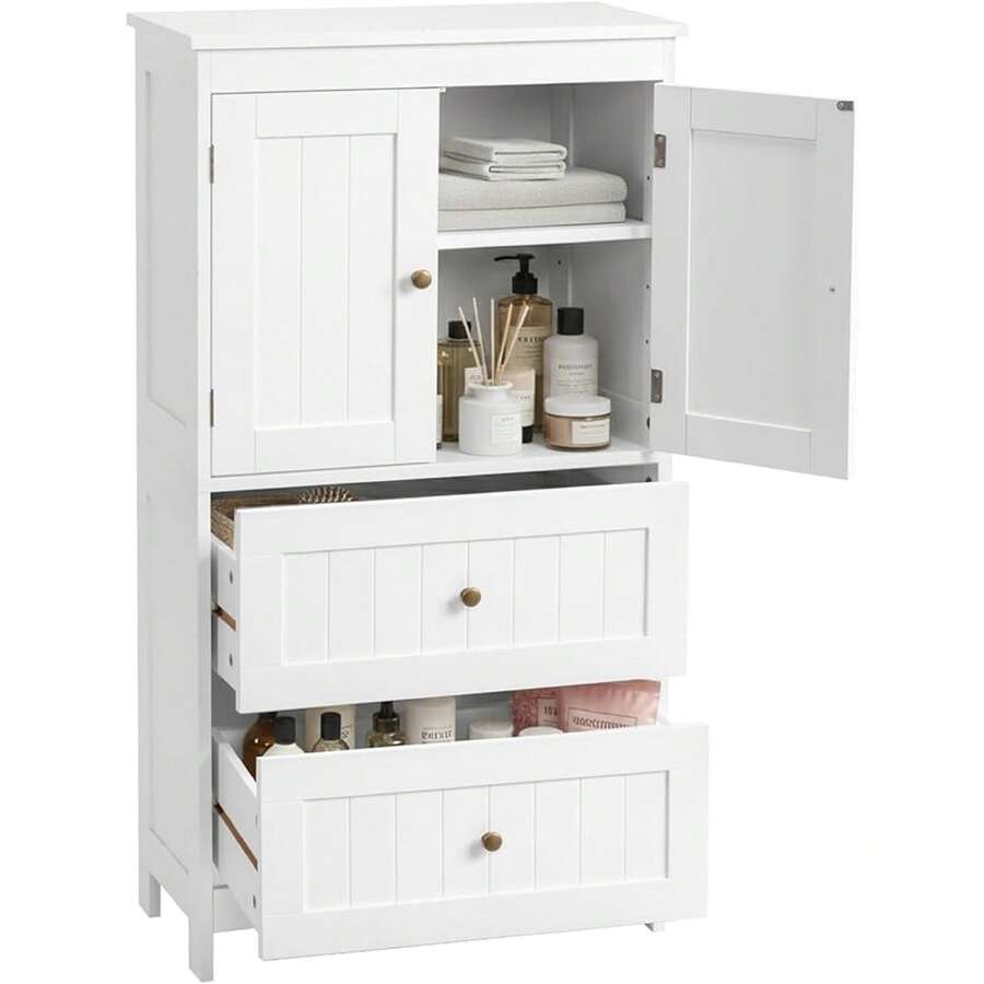 White Floor Storage Cabinet, Freestanding 2 Drawers & 2 Doors, Thin Toilet Organizer For Small Spaces,For Entryway, Bathroom - 白色 - 查看 1