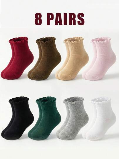 8 Pairs Elastic And Cozy Children's Baby Girl's Toddler Newborn Kids' Solid Color Socks, Medium Thickness For Year - Round Wear