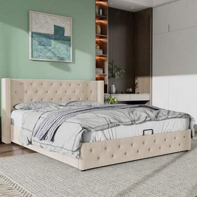 Upholstered Bed, Wing-Shaped, Double Row Of Studs, Velvet, Topstitching At The Head And Foot, Double Bed 160 X 200 Cm, Hydraulic Functional Bed, Slatted Base Covered In Black Non-Woven Stain-Resistant Fabric, Beige