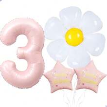 4PCS Flower Daisy Balloons Pastel Pink Large 40 Inch Number 3 Birthday Balloon With Bow Foil Mylar Floral Balloons For Birthday Party Decorations Supplies - 7號 - 查看 1