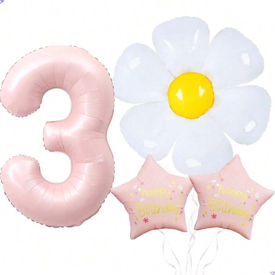 4PCS Flower Daisy Balloons Pastel Pink Large 40 Inch Number 3 Birthday Balloon With Bow Foil Mylar Floral Balloons For Birthday Party Decorations Supplies - 7號 - 查看 1