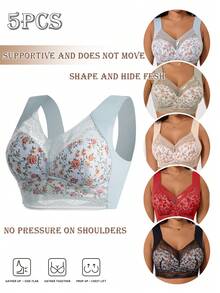 5 Pieces Of Simple Solid-Color Multi-Butterfly Floral Lace Bras, Comfortable And Breathable Full-Cup Without Underwire Bras, Women's Underwear And Close-Fitting Clothing - Without Underwire Design, Thick Cup Pads, Breathable And Soft, Suitable For Daily Casual And Formal Occasions Women's Underwear, Women's Bras, Lace Bras - Nhiều màu - Xem 5
