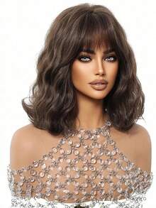 自然卷曲蓬松短卷假发，优雅女士假发，10英寸自然黑色短卷刘海假发，耐热合成编织假发，适合角色扮演、演员、化装舞会、派对和日常佩戴，女孩节日礼物 - 自然黑 - 查看 3