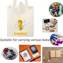Large Capacity Stylish Seahorse Pattern Canvas Tote Bag - Durable Shoulder Handbag, Perfect Gift For Ocean Enthusiasts - Black - View 10
