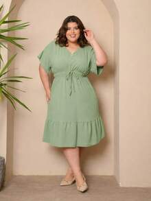 Batwing Dress Plus Size Midi Short Sleeve Duna Fabric Size U/G1 Fits Sizes 44 To 50 With Front Buttons Elegant Fashion Simple Casual Stylish Party Hem With Ruffle Buttons At The Front Knot Wedding - 薄荷綠 - 查看 2