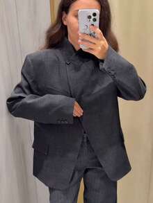 TF.MLN 女士纯色单排扣长袖西装外套，复古职业女士时尚立领大衣，秋冬季 - 深灰色 - 查看 4