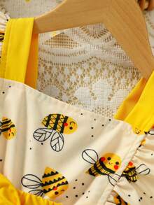 2件套女婴休闲日常甜美可爱黄色编织连帽泡泡袖蜜蜂印花拼接黄色网纱连衣裙和印花帽子套装，夏季 - 黃色 - 查看 4