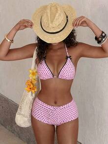 PEPPERMOLLY Women's Summer Beach Pink 2 Pieces Bikini Set, Triangle Halter Top Paired With Square Cut Bottoms, Sexy & Charming Swimwear, Fashionable For Holiday Pool Party - Pink - View 3