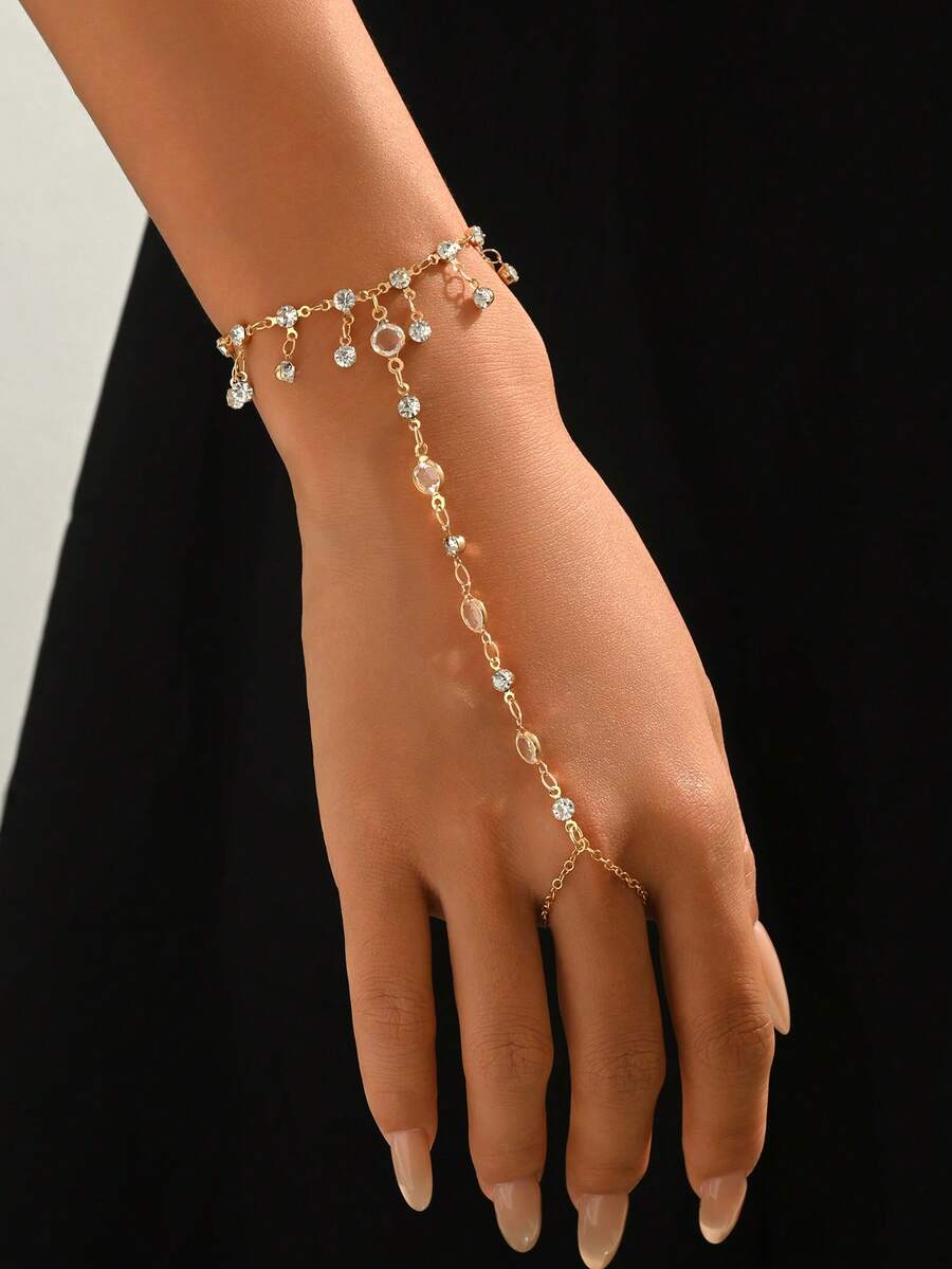 1pc Minimalist Gold Tone Finger Chain Bracelet, Versatile Tassel & Rhinestone Handmade Chain, Suitable For Daily Wear And Vacation Travel. Chain Length And Bead Count Are Random. - Gold - View 1