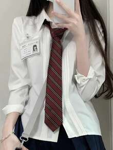 1pc Women's Striped Necktie, Casual College Style, Suitable For Halloween Costume, Maroon - Wine Red - View 1