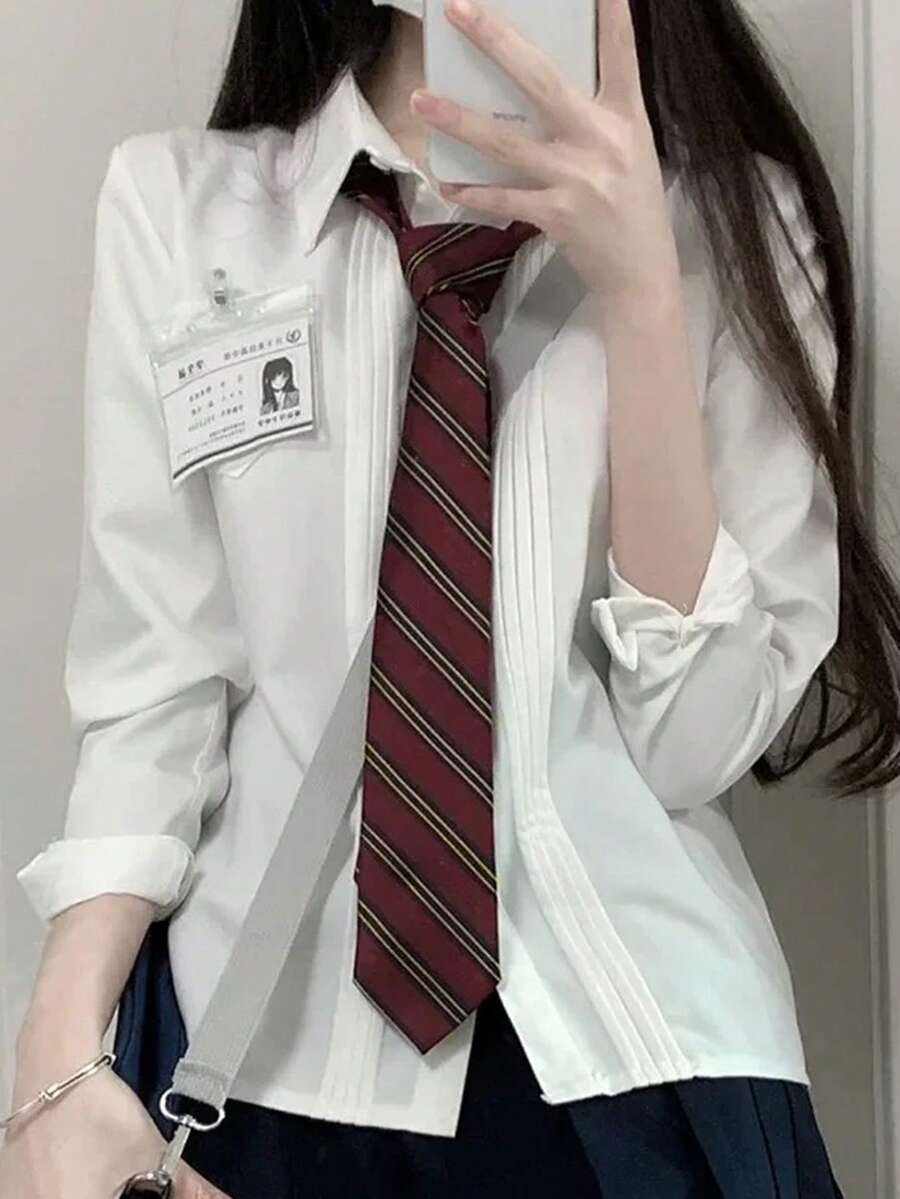 1pc Women's Striped Necktie, Casual College Style, Suitable For Halloween Costume, Maroon - Wine Red - View 1