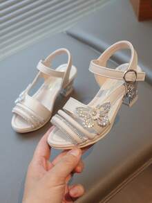 1 Pair Fashion Summer New Girls' Rhinestone Butterfly Princess High Heel Sandals, Suitable For 3-15 Years Old Girls To Wear Casually, To Parties, On Vacation, And To Formal Events - Beige - View 5