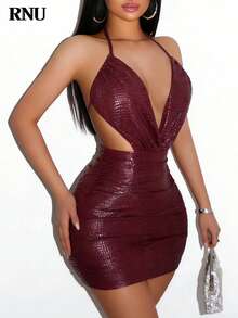 RNU 女士酒红色露背蝴蝶结性感露背优雅深V领修身鳄鱼纹连衣裙，适合约会、夜店、街头、情人节、狂欢节、新年、生日、春夏等场合。 - 酒紅色 - 查看 5