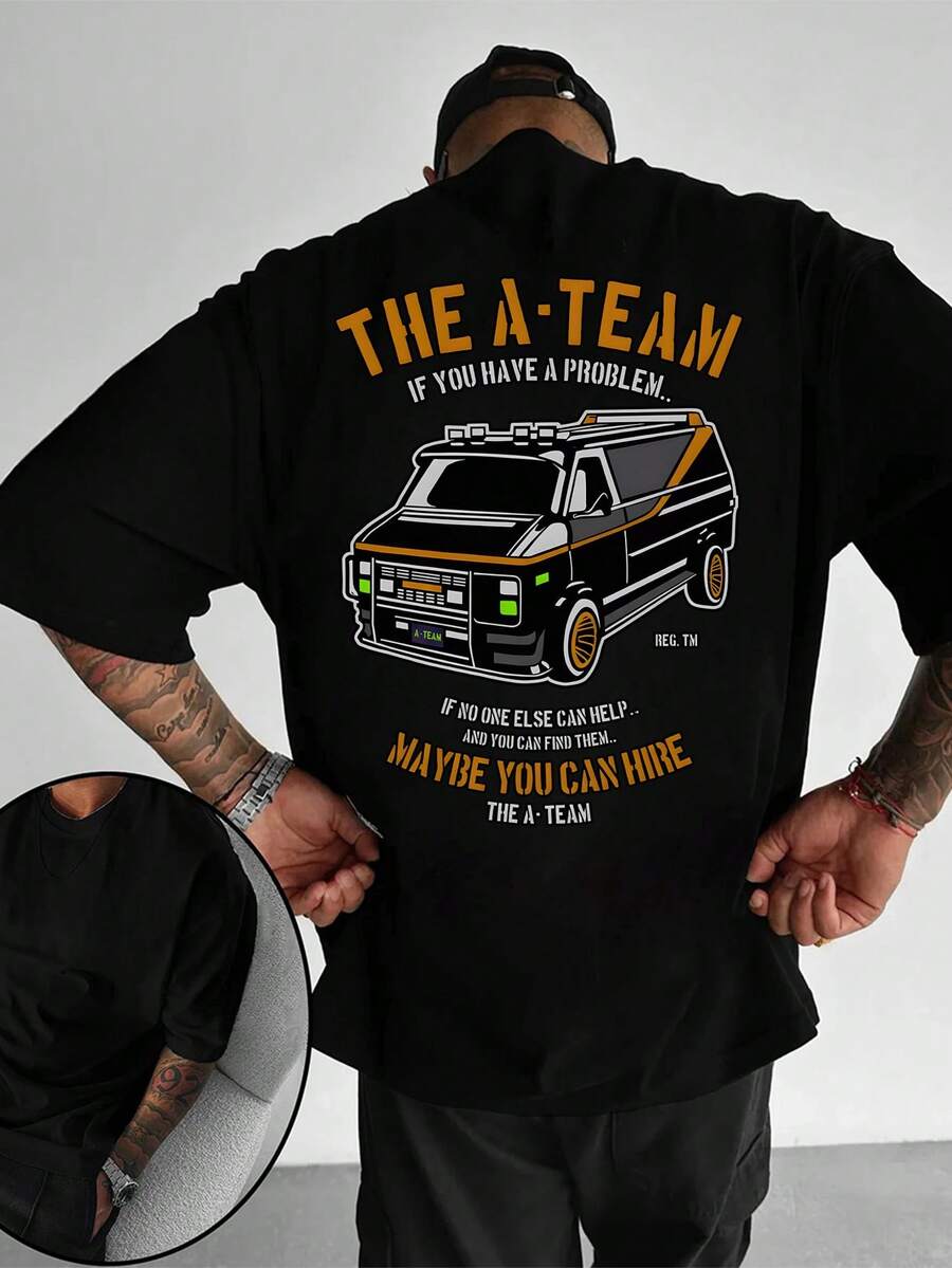 Zrgoth 男士休闲百搭简约赛车英文标语印花短袖T恤 - 黑色 - 查看 1