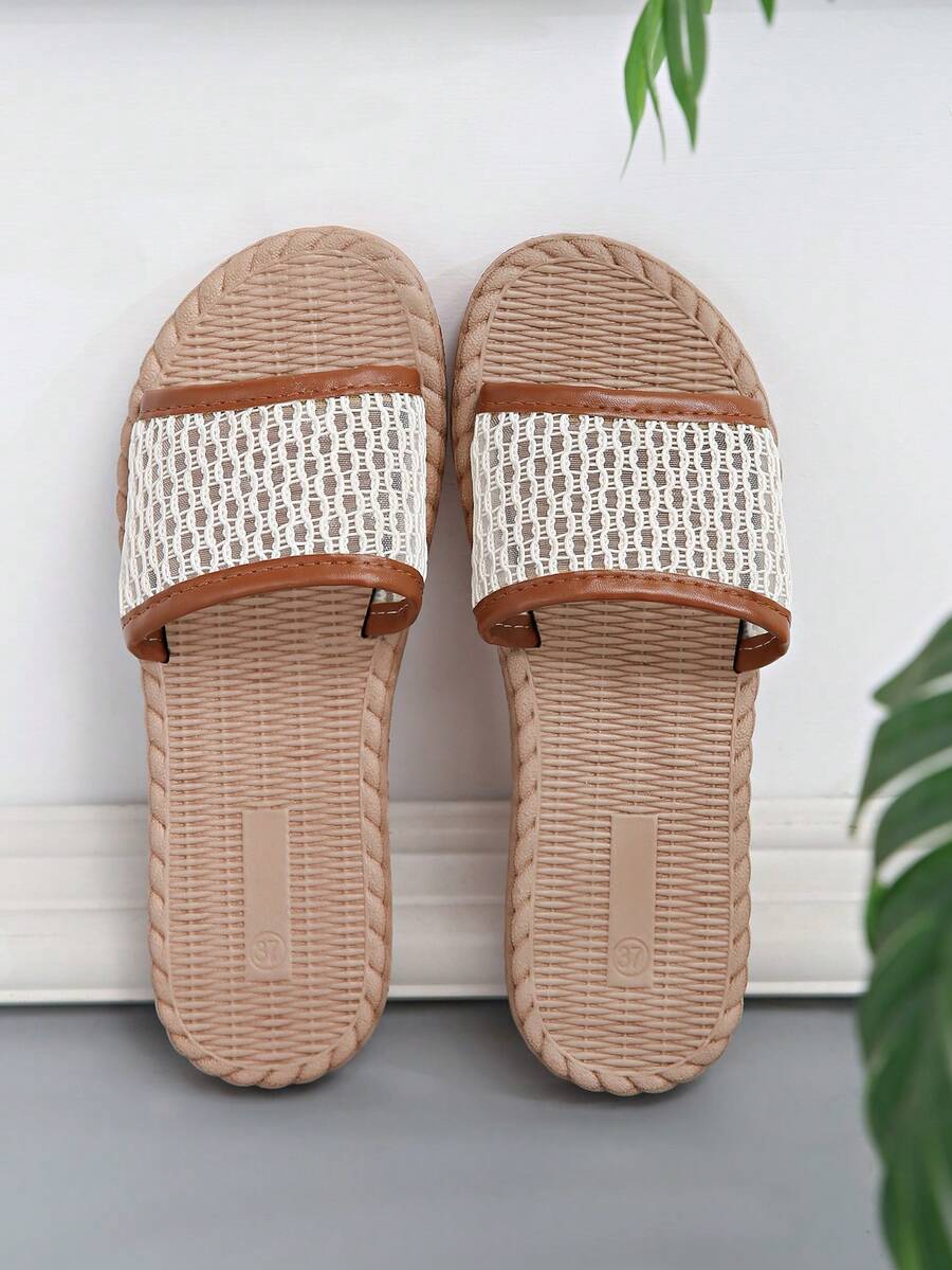 Teenage Girls' Woven Flat Slippers, Lightweight Comfortable Non-Slip Soft Bottom Beach Sandals, Versatile Summer Slides - Beige - View 1