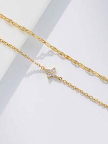 2pcs/Set Women Bracelet Set, Bohemian Summer Beach Style, Golden Electroplated Multi-Layer Basic Chain, Shiny Lip Chain, Copper Inlaid White Zirconia Four-Leaf Clover Stacked Bracelets, Stacking Jewelry Gift - Yellow Gold - View 3