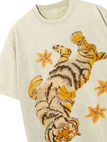 1pc Men' & Women' Y2K Vintage Tiger & Flower Print T-Shirt - Loose Fit Short Sleeve Round Neck Tee Suitable For Summer, Casual Streetwear With Tiger Flower, Machine Washable Loose Fit Top (Unisex)Mens Clothes Shirts - 杏色 - 查看 3