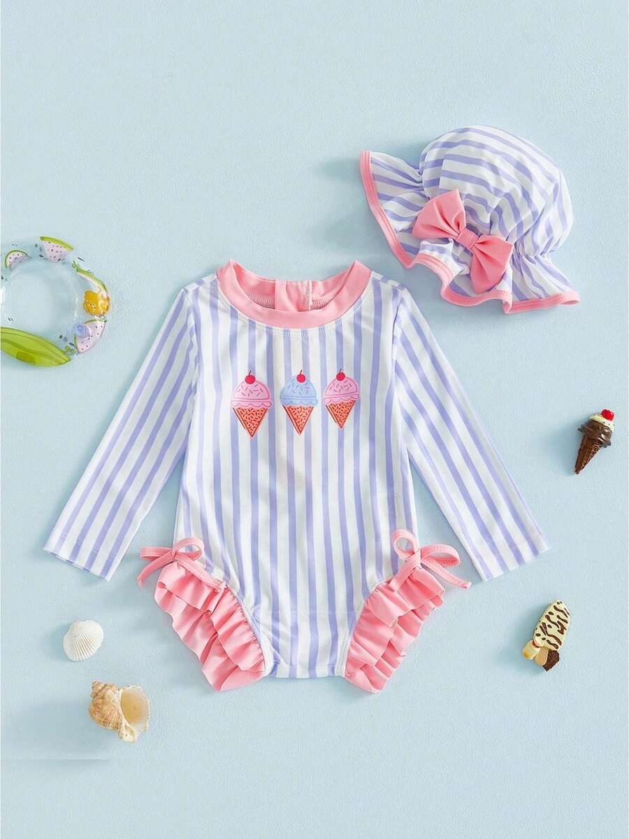 Toddler Girl Rash Guard Swimsuit Long Sleeve Ice Cream Embroidery Ruffled Swimwear With Hat For Beach Pool - Purple - View 1