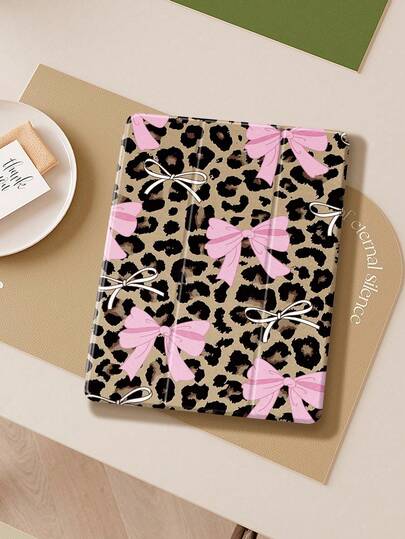 Leopard Bow Flat Protective Case Compatible With IPad Air 4/5 10.9 Inch, IPad 7/8/9th 10.2 Inch, With Built-In Pencil Slot Compatible With Samsung Tab S6 10.4 Inch, Tab A7 Lite 8.7 Inch, Ins Style Leather Case, Back To School, Valentine's Day, New Year Gift