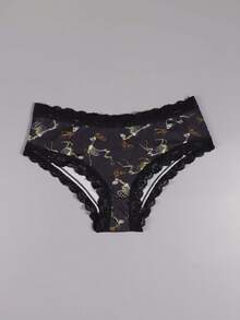 Dircho 5pcs Women's Edgy Print Briefs Set & Skeleton Deer & Star & Skull & Spider Pattern & Black Lace Trim & Soft Fabric & Dark Tone Scheme & Daily Comfort Underwear & Bold Casual Style - Multicolor - View 8