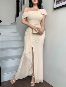 abyoxi Đầm maxi đuôi cá xẻ cao, hở vai, lưng trần, xếp ly màu mơ dành cho nữ, thanh lịch, thời trang, quyến rũ, lãng mạn, phù hợp cho tiệc tùng, hẹn hò, bữa tối trang trọng, ngày Valentine, đầm dài đuôi cá ôm sát mùa xuân/hè. - Màu be - Xem 6