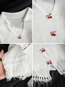 Women's Sweet Casual V-Neck Cherry Button Adorned Distressed Hem Sweater, Spring/Summer - White - View 11
