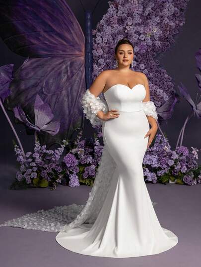 Faeriesty 优雅加大码白色纹理真丝婚纱 - 无肩带心形领口，鱼尾裙摆，可拆卸3D立体花卉网纱披肩和拖尾 | 适合婚礼仪式、婚宴、订婚派对、正式婚礼活动