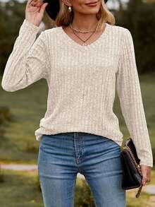 Women's Cozy Long Sleeve Tunic Tops Soft Ribbed Knit Sweater V-Neck Pullover Shirts For Casual Fall And Winter Wear - Màu be - Xem 5