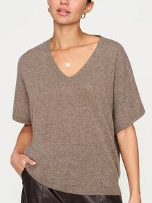 女士优雅休闲针织套头衫，纯色短袖V领设计，宽松休闲风格，时尚简约通勤风上衣，女士街头服饰，夏季户外服装 - 紫紅色 - 查看 3