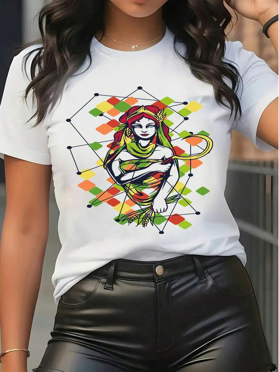 Damska koszulka z krótkim rękawem i okrągłym dekoltem, luźna, letnia, z kolorowym, abstrakcyjnym, geometrycznym nadrukiem, luźna, uliczna koszulka - Biały - Zobacz 1