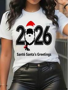 Camiseta feminina de Natal de manga curta 2026 com estampa gráfica do Papai Noel, gola redonda, modelo casual para festas de fim de ano e uso urbano. - Branco - Ver 6