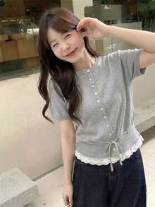 Grey Knit Cardigan Short Sleeve Women Slim Fit Collegiate Style Summer Round Neck Lace Patchwork Thin Top With Drawstring Hem - Grey - View 2