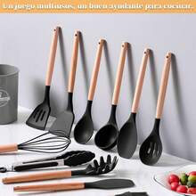 34 Piece Silicone Heat Resistant Kitchen Utensil Set with Ergonomic Wooden Handles, Easy To Clean & Non Stick - Negro - Ver 5
