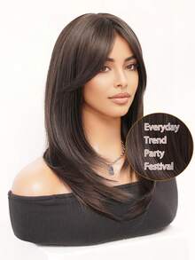 XOUJE 20英寸深棕色直发层次刘海假发，女士柔软易造型合成纤维假发，完美适用于日常佩戴、简约优雅、派对、工作、角色扮演和节日庆典。 - 棕色 - 查看 9