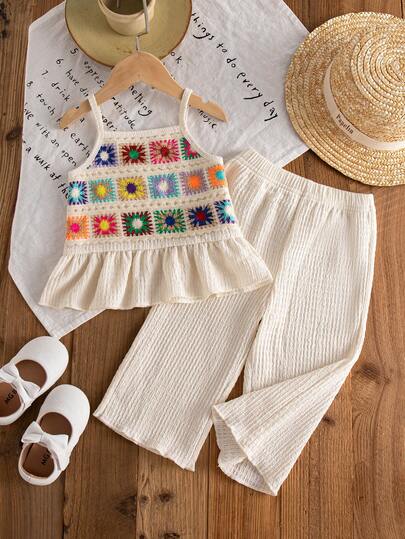 2件套女婴夏季新款波西米亚风彩色吊带拼接吊带背心+纯色雪纺直筒裤套装