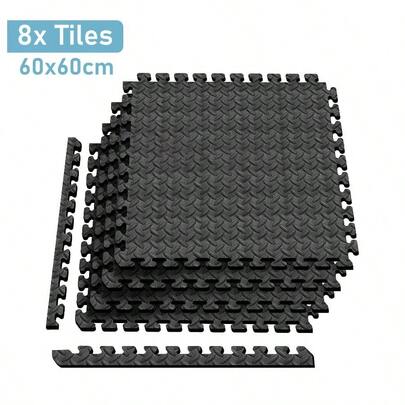Gym Mat – Interlocking EVA Foam Puzzle Mats 12mm Thick [60 X 60 Cm], Non-Slip Flooring Tiles For Home Workout, Yoga, Exercise & Play Area (8 Tiles)