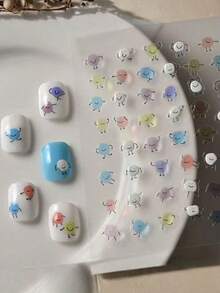 1 pieza Lindo adhesivo de arte de uñas 3D en relieve con personaje de gominola, calcomanías de uñas impermeables, accesorios de uñas, suministros de uñas, pegatinas de uñas - Multicolor - Ver 1