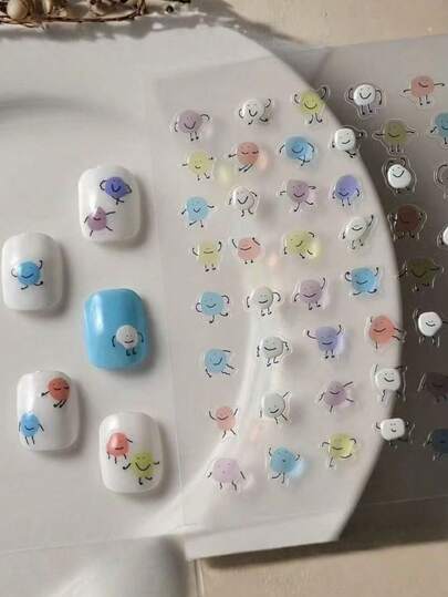 1pc Cute Jelly Bean Character 3D Embossed Nail Art Sticker, Waterproof Nail Decals, Nail Accessories Nails Nail Supplies Nail Stickers