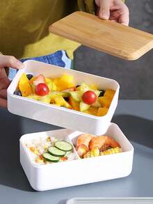 1pc Double Layer Lunch Box, Wooden Grain Bento Box, Suitable For Office Workers, Large Capacity, Microwave , Food Storage Container, Lunch Box, Exquisite Food Vessel, Great Gift For Friends And Family - Multicolor - View 3