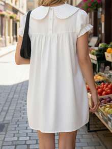 Women Short Sleeve Shirts Solid Color Doll Collar Loose Blouses Summer Casual Tops Streetwear - 白色 - 查看 7