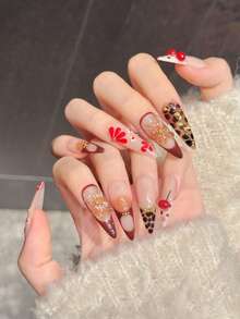 10Pcs Fake Nails With Cherry Leopard Print Long Pointed Design Pressure On Nail For Hot Girl Dress Matching Nail Supplies - Multicolor - View 2