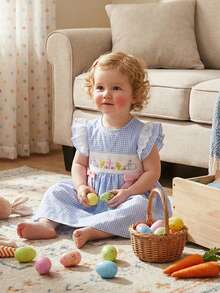 Toddler Girl Easter Outfit Baby Girls Bunny Egg Chick Cross Plaid Princess Dress Cute Spring Summer Kids Clothes - 藍色 - 查看 5