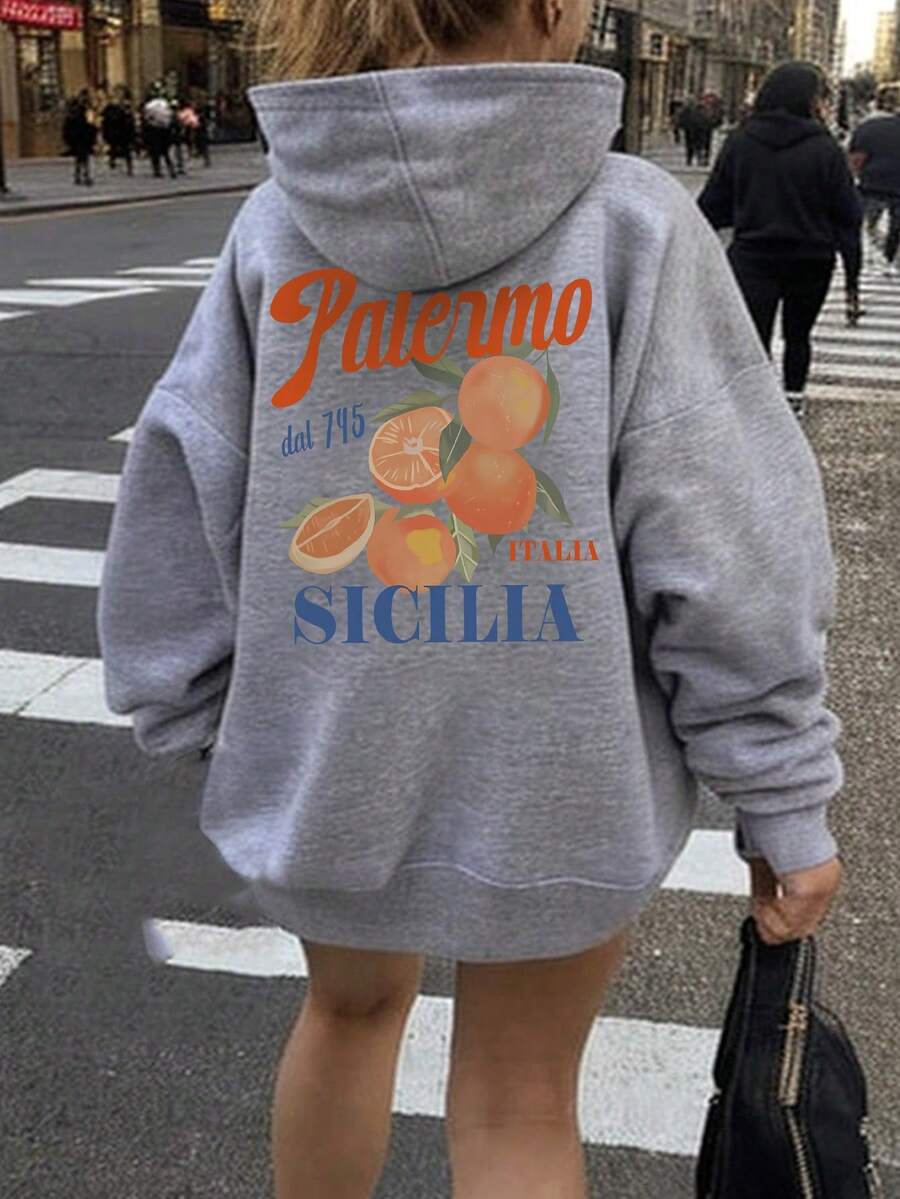 1件少女休闲印花套头卫衣,保暖内衬,长袖,秋冬季学生服装 - 淺灰色 - 查看 1