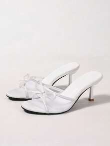 女士网眼面料透气露趾高跟凉鞋，百搭简约设计，蝴蝶结修身细高跟凉拖，夏季新品 - 白色 - 查看 14