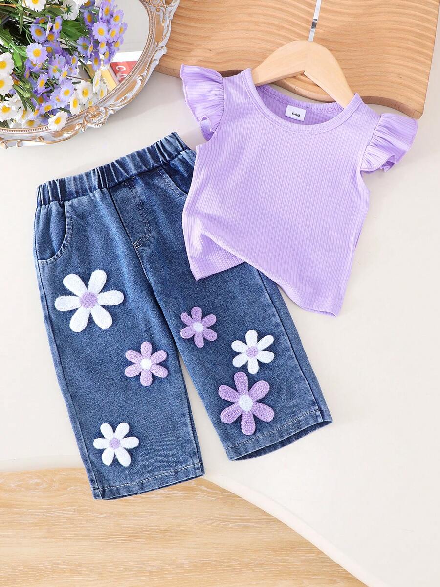 2pcs Baby Girls Casual Purple Cap Sleeve Top + Blue Pants Set, Spring/Summer - Mauve Purple - View 1